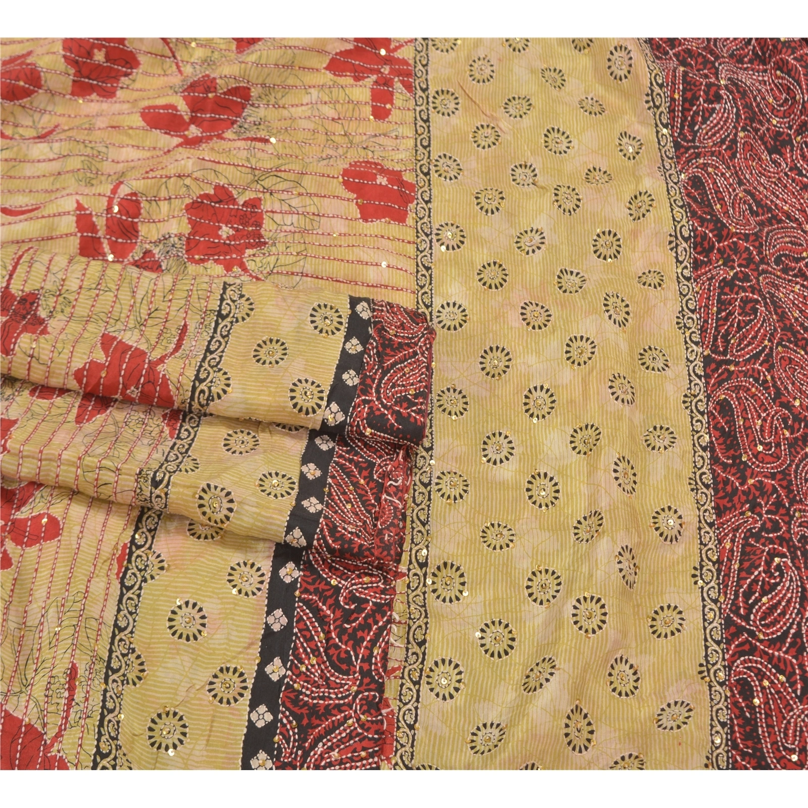 Sanskriti Vintage Ivory Sarees 100% Pure Crepe Silk Handmade Kantha Sari Fabric, PS-58319-Ivory &amp; Dark Red-Thread Work-100% Pure Crepe Silk-7