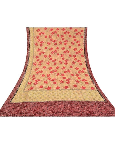 Sanskriti Vintage Ivory Sarees 100% Pure Crepe Silk Handmade Kantha Sari Fabric, PS-58319-Ivory &amp; Dark Red-Thread Work-100% Pure Crepe Silk-8