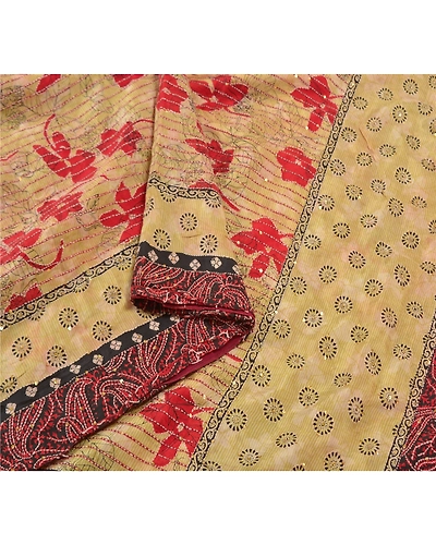 Sanskriti Vintage Ivory Sarees 100% Pure Crepe Silk Handmade Kantha Sari Fabric, PS-58319-Ivory &amp; Dark Red-Thread Work-100% Pure Crepe Silk-9