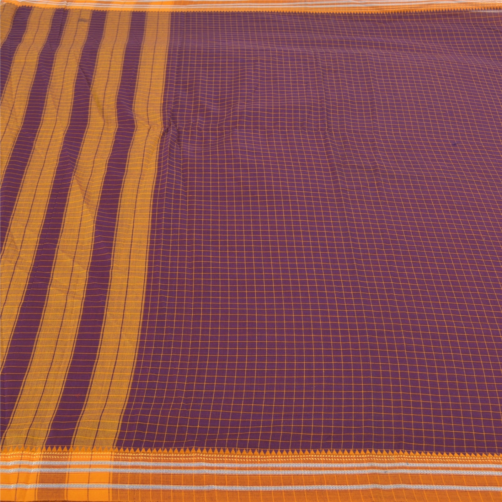 Sanskriti Vintage Purple Saree Blend Cotton Woven Chettinad/Kandangi Sari Fabric, PS-58323-Shade Of Purple &amp; Saffron-Woven Work-Blend Cotton-3