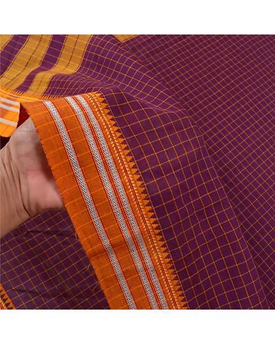 Sanskriti Vintage Purple Saree Blend Cotton Woven Chettinad/Kandangi Sari Fabric, PS-58323-Shade Of Purple &amp; Saffron-Woven Work-Blend Cotton-4