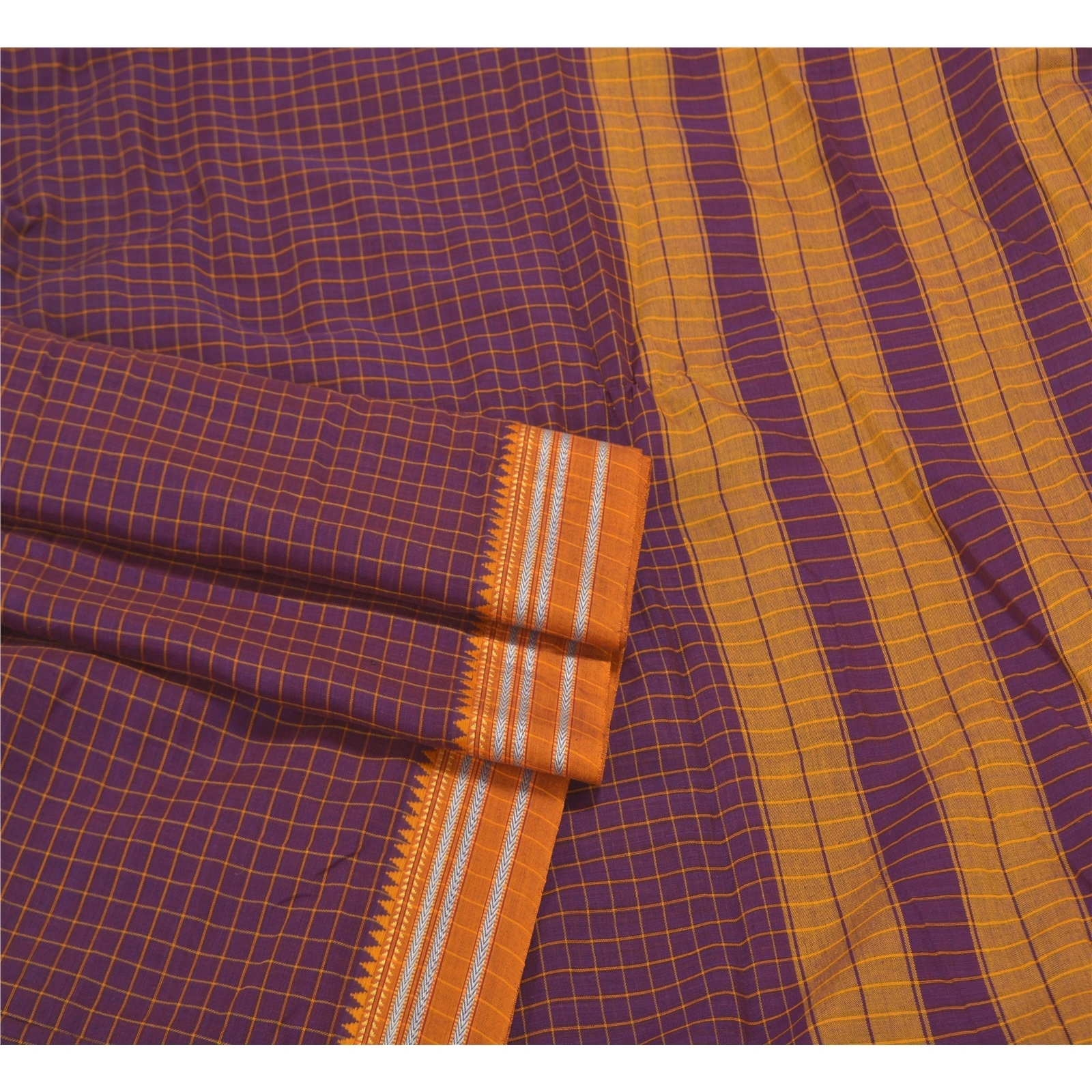 Sanskriti Vintage Purple Saree Blend Cotton Woven Chettinad/Kandangi Sari Fabric, PS-58323-Shade Of Purple &amp; Saffron-Woven Work-Blend Cotton-7