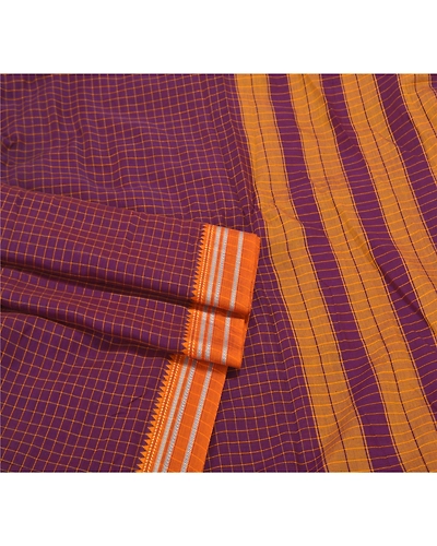 Sanskriti Vintage Purple Saree Blend Cotton Woven Chettinad/Kandangi Sari Fabric, PS-58323-Shade Of Purple &amp; Saffron-Woven Work-Blend Cotton-7