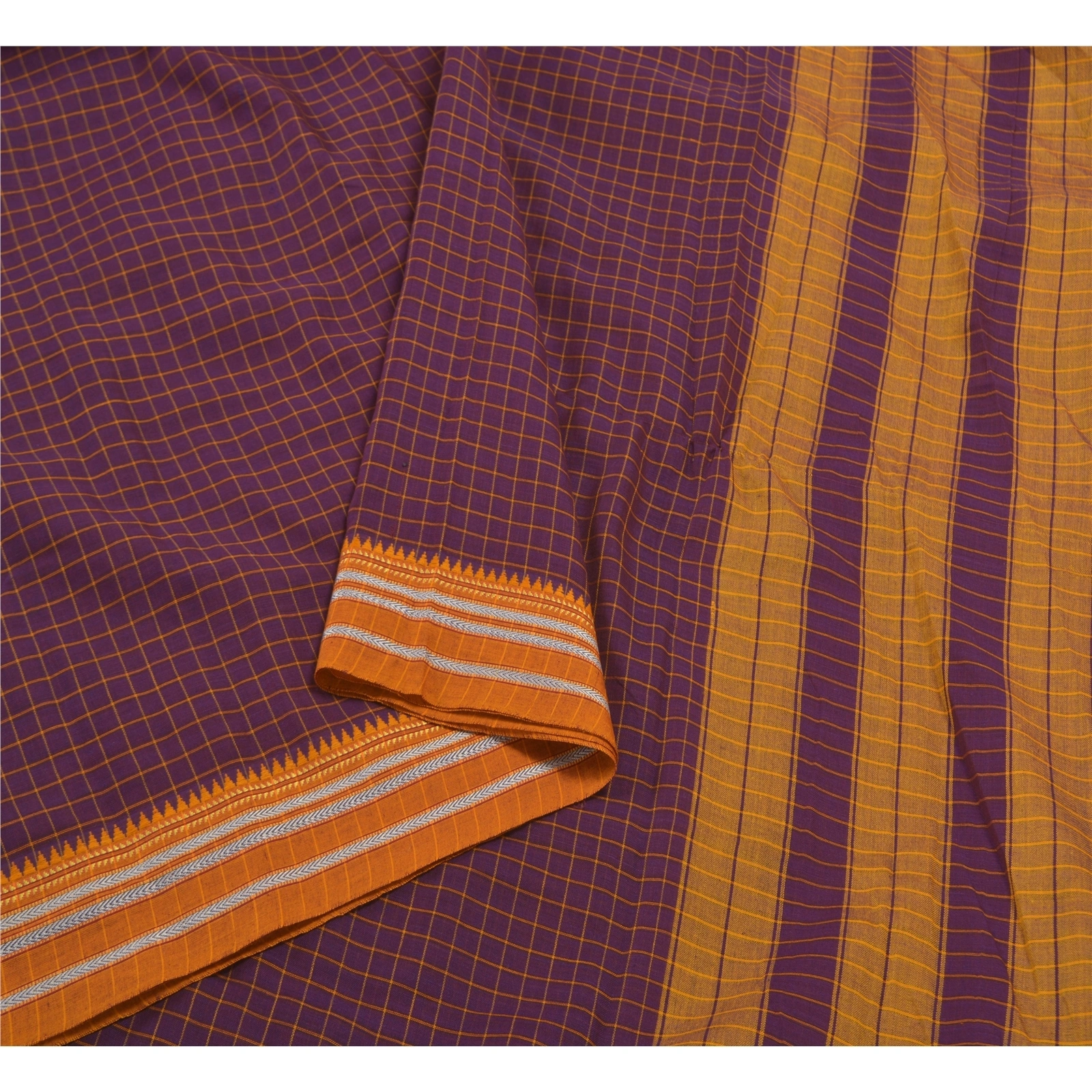 Sanskriti Vintage Purple Saree Blend Cotton Woven Chettinad/Kandangi Sari Fabric, PS-58323-Shade Of Purple &amp; Saffron-Woven Work-Blend Cotton-9