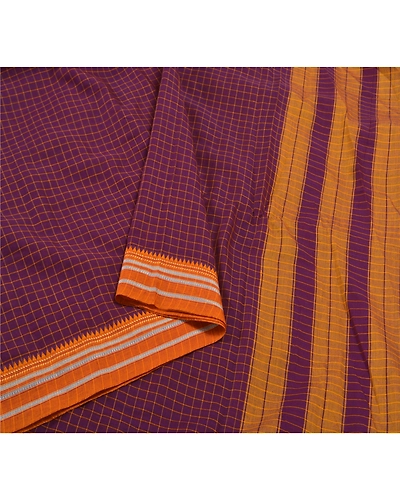 Sanskriti Vintage Purple Saree Blend Cotton Woven Chettinad/Kandangi Sari Fabric, PS-58323-Shade Of Purple &amp; Saffron-Woven Work-Blend Cotton-9