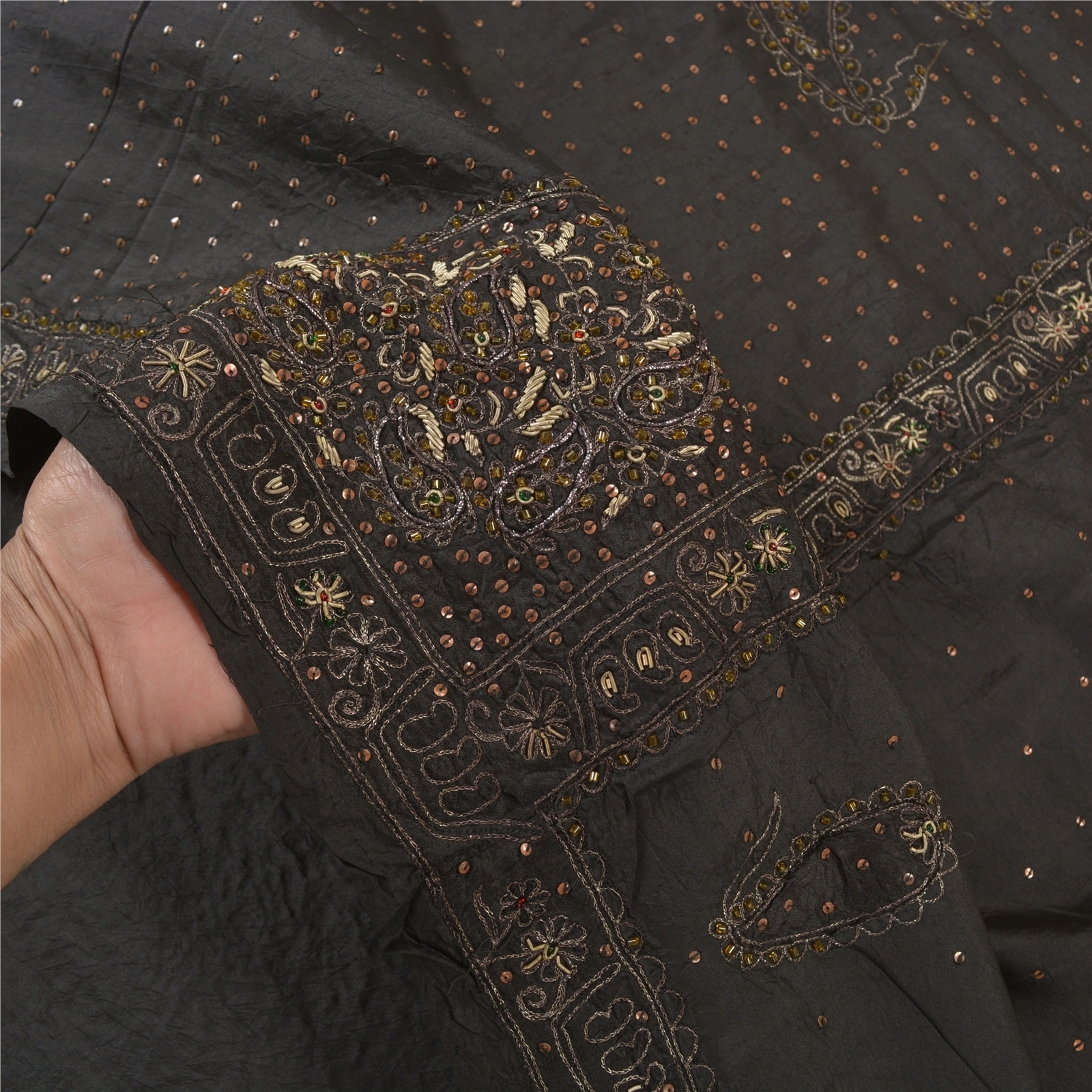 Sanskriti Vintage Black Sarees Pure Silk Hand Beaded Premium Sari Craft Fabric, PS-58337-Black-Zardozi Work-100% Pure Silk-4