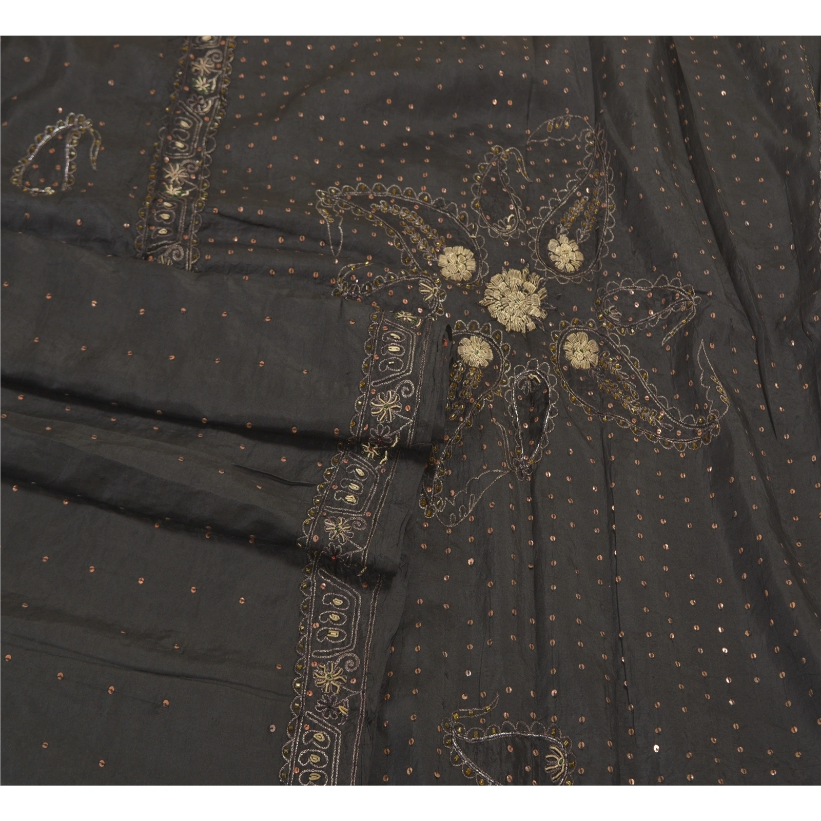 Sanskriti Vintage Black Sarees Pure Silk Hand Beaded Premium Sari Craft Fabric, PS-58337-Black-Zardozi Work-100% Pure Silk-7