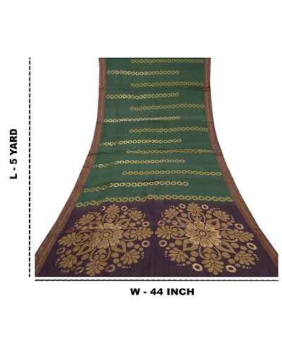 Sanskriti Vintage Green Sarees Pure Silk Hand-Woven Zari Sari 5 Yard Fabric, PS-58363-Green &amp; Purple-Zari Work-100% Pure Silk-1