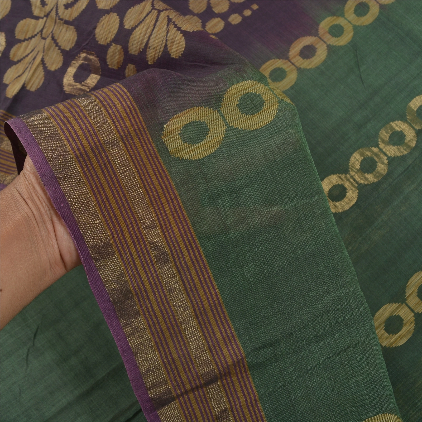 Sanskriti Vintage Green Sarees Pure Silk Hand-Woven Zari Sari 5 Yard Fabric, PS-58363-Green &amp; Purple-Zari Work-100% Pure Silk-4