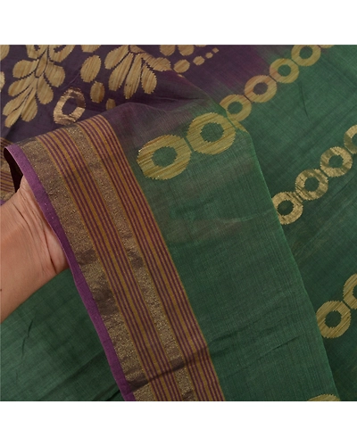 Sanskriti Vintage Green Sarees Pure Silk Hand-Woven Zari Sari 5 Yard Fabric, PS-58363-Green &amp; Purple-Zari Work-100% Pure Silk-4