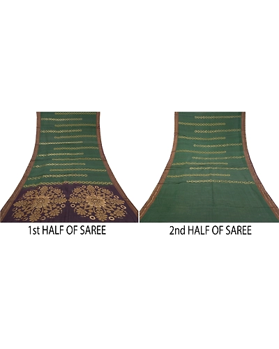Sanskriti Vintage Green Sarees Pure Silk Hand-Woven Zari Sari 5 Yard Fabric, PS-58363-Green &amp; Purple-Zari Work-100% Pure Silk-5