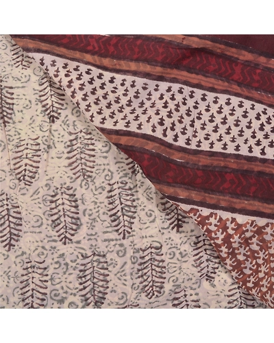 Sanskriti Vintage Cream Indian Sari Pure Cotton Block Printed Sarees Fabric, PS-58371-Cream &amp; Brown-Block Printed Work-100% Pure Cotton-2