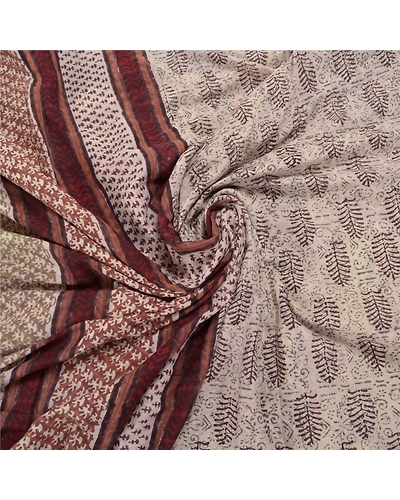 Sanskriti Vintage Cream Indian Sari Pure Cotton Block Printed Sarees Fabric, PS-58371-Cream &amp; Brown-Block Printed Work-100% Pure Cotton-6