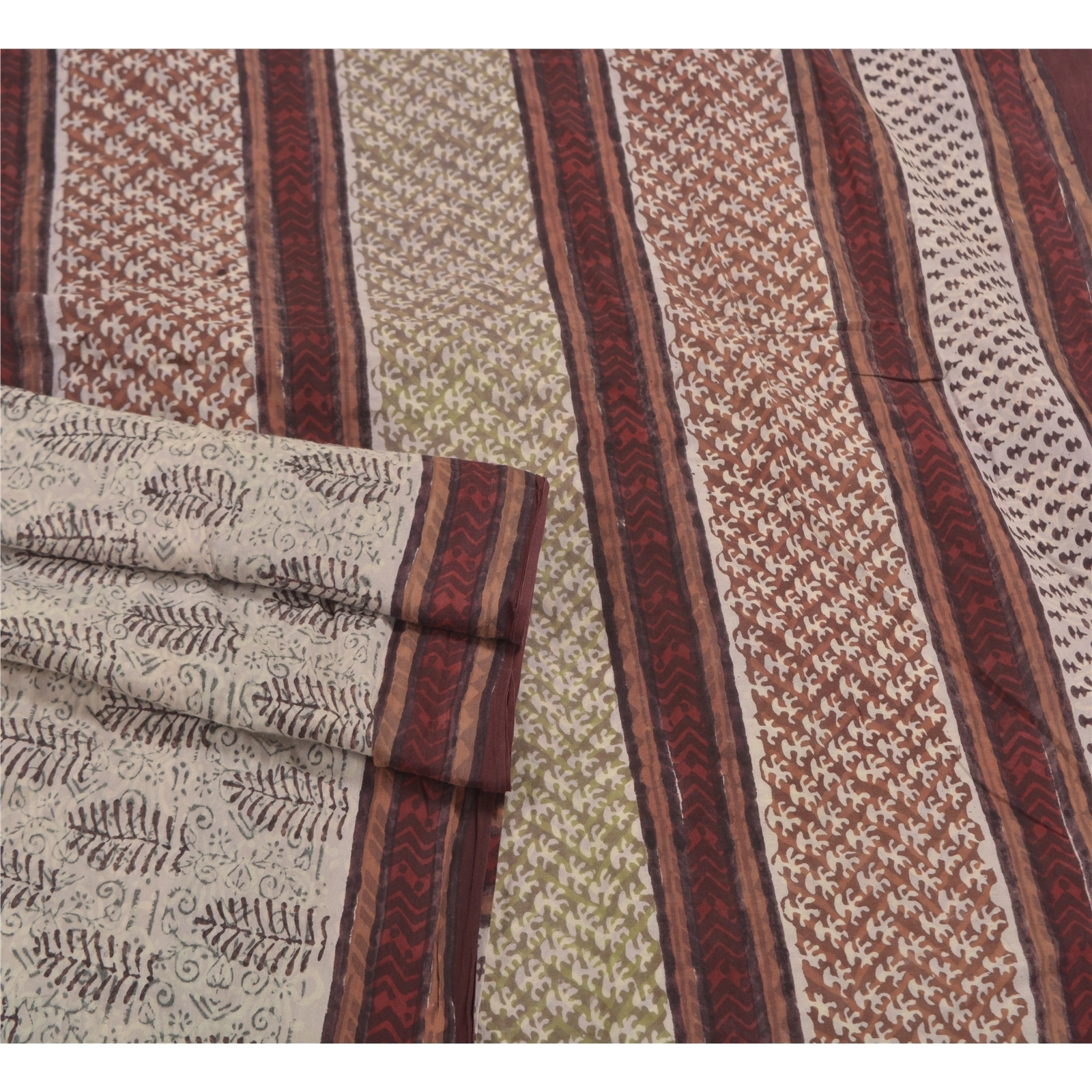 Sanskriti Vintage Cream Indian Sari Pure Cotton Block Printed Sarees Fabric, PS-58371-Cream &amp; Brown-Block Printed Work-100% Pure Cotton-7