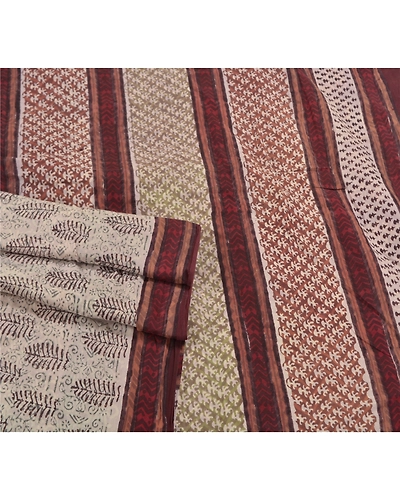 Sanskriti Vintage Cream Indian Sari Pure Cotton Block Printed Sarees Fabric, PS-58371-Cream &amp; Brown-Block Printed Work-100% Pure Cotton-7