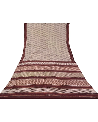 Sanskriti Vintage Cream Indian Sari Pure Cotton Block Printed Sarees Fabric, PS-58371-Cream &amp; Brown-Block Printed Work-100% Pure Cotton-8