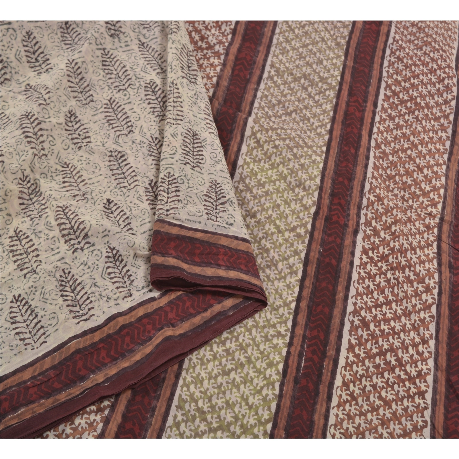 Sanskriti Vintage Cream Indian Sari Pure Cotton Block Printed Sarees Fabric, PS-58371-Cream &amp; Brown-Block Printed Work-100% Pure Cotton-9