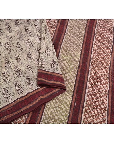 Sanskriti Vintage Cream Indian Sari Pure Cotton Block Printed Sarees Fabric, PS-58371-Cream &amp; Brown-Block Printed Work-100% Pure Cotton-9