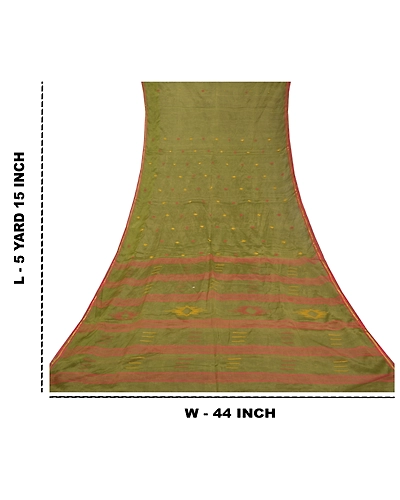 Sanskriti Vintage Green Sarees Pure Silk Hand-Woven Indian Tant Sari Fabric, PS-58383-Green-Thread Work-100% Pure Silk-1