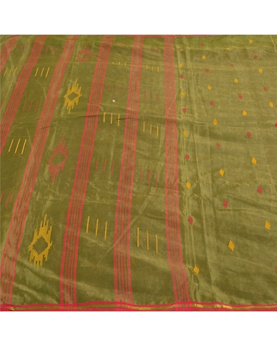 Sanskriti Vintage Green Sarees Pure Silk Hand-Woven Indian Tant Sari Fabric, PS-58383-Green-Thread Work-100% Pure Silk-3