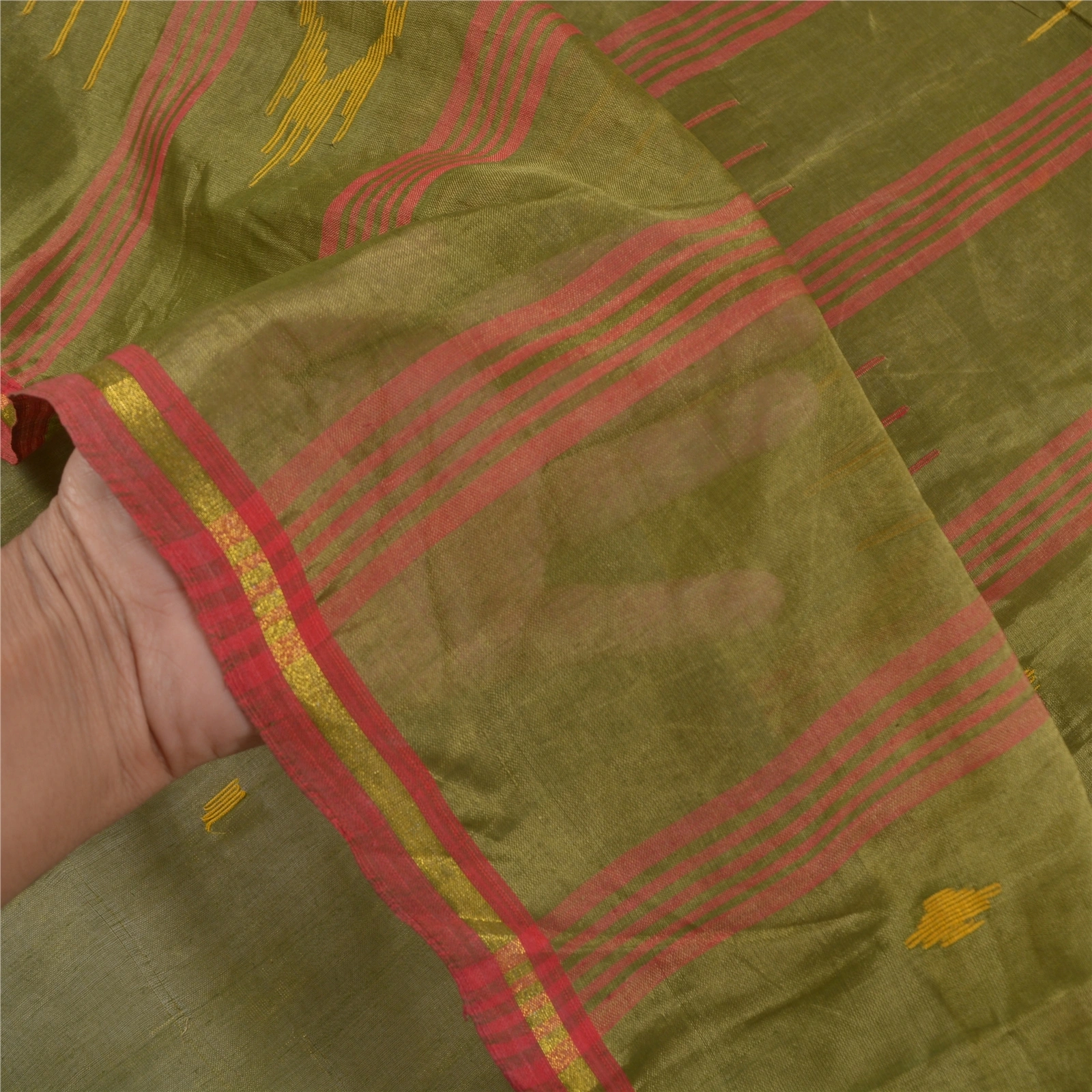 Sanskriti Vintage Green Sarees Pure Silk Hand-Woven Indian Tant Sari Fabric, PS-58383-Green-Thread Work-100% Pure Silk-4