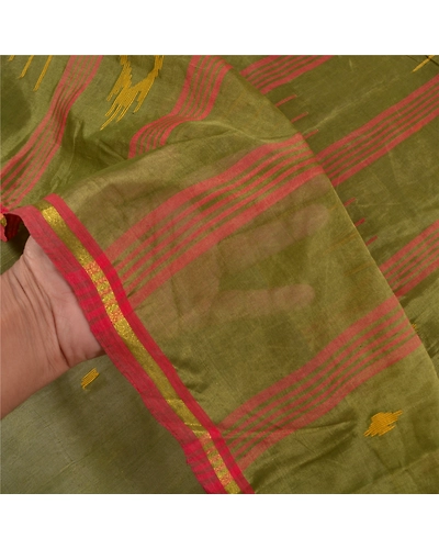 Sanskriti Vintage Green Sarees Pure Silk Hand-Woven Indian Tant Sari Fabric, PS-58383-Green-Thread Work-100% Pure Silk-4