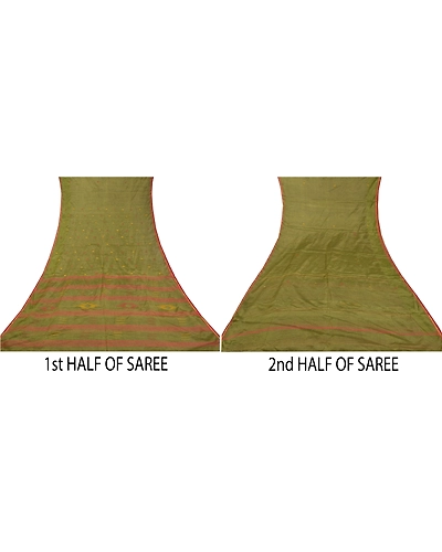 Sanskriti Vintage Green Sarees Pure Silk Hand-Woven Indian Tant Sari Fabric, PS-58383-Green-Thread Work-100% Pure Silk-5