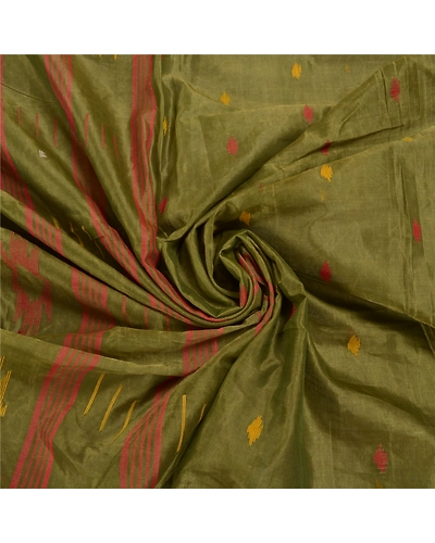 Sanskriti Vintage Green Sarees Pure Silk Hand-Woven Indian Tant Sari Fabric, PS-58383-Green-Thread Work-100% Pure Silk-6