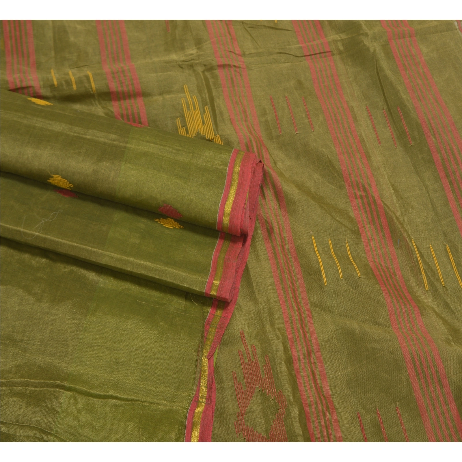 Sanskriti Vintage Green Sarees Pure Silk Hand-Woven Indian Tant Sari Fabric, PS-58383-Green-Thread Work-100% Pure Silk-7