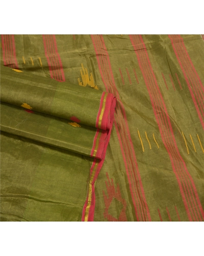 Sanskriti Vintage Green Sarees Pure Silk Hand-Woven Indian Tant Sari Fabric, PS-58383-Green-Thread Work-100% Pure Silk-7