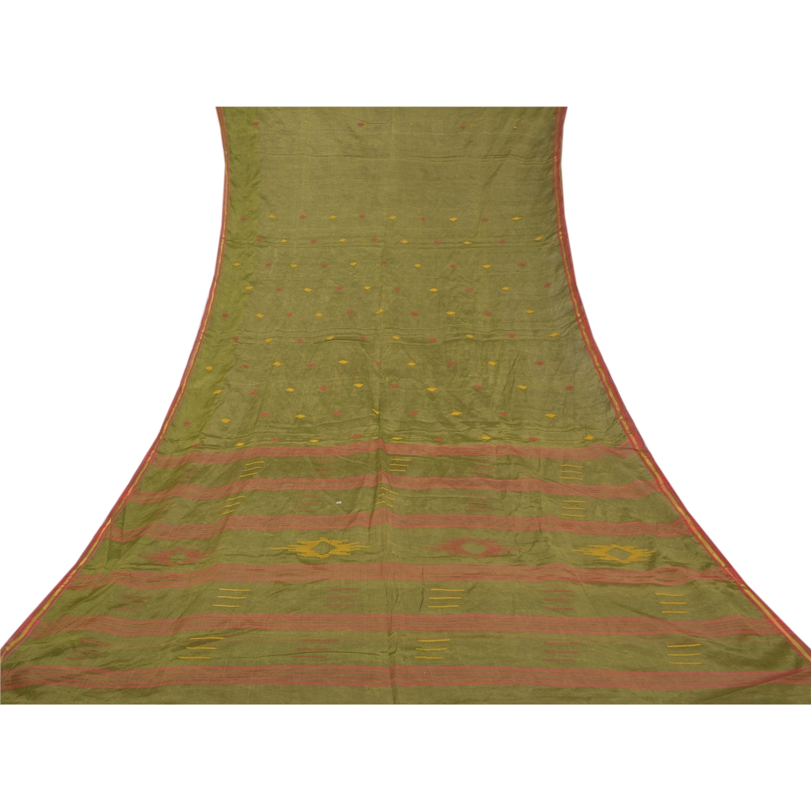 Sanskriti Vintage Green Sarees Pure Silk Hand-Woven Indian Tant Sari Fabric, PS-58383-Green-Thread Work-100% Pure Silk-8