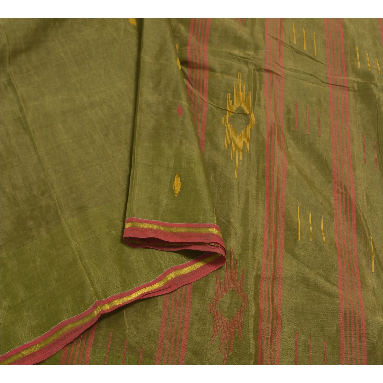 Sanskriti Vintage Green Sarees Pure Silk Hand-Woven Indian Tant Sari Fabric, PS-58383-Green-Thread Work-100% Pure Silk-9