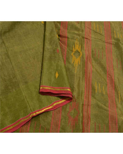 Sanskriti Vintage Green Sarees Pure Silk Hand-Woven Indian Tant Sari Fabric, PS-58383-Green-Thread Work-100% Pure Silk-9
