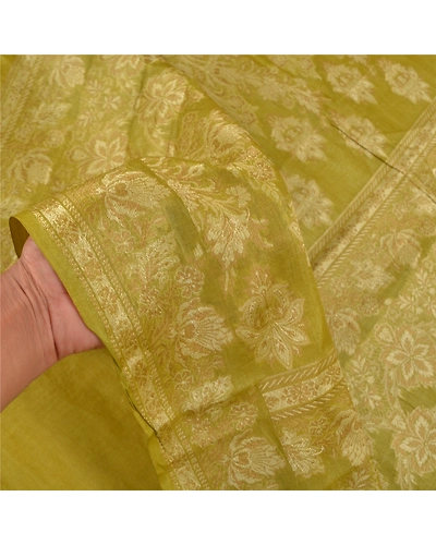 Sanskriti Vintage Green Indian Sarees 100% Pure Silk Woven Craft Sari Fabric, PS-58394-Green-Woven Work-100% Pure Silk-4