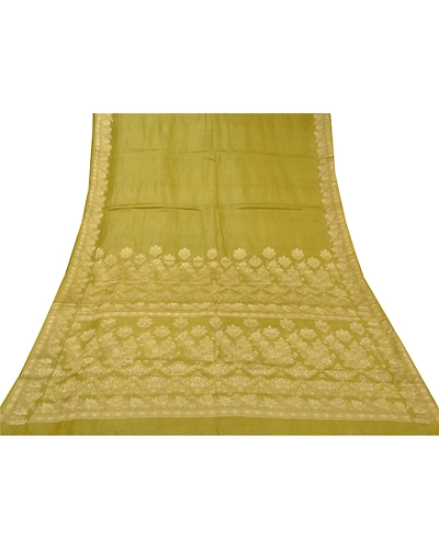 Sanskriti Vintage Green Indian Sarees 100% Pure Silk Woven Craft Sari Fabric, PS-58394-Green-Woven Work-100% Pure Silk-8