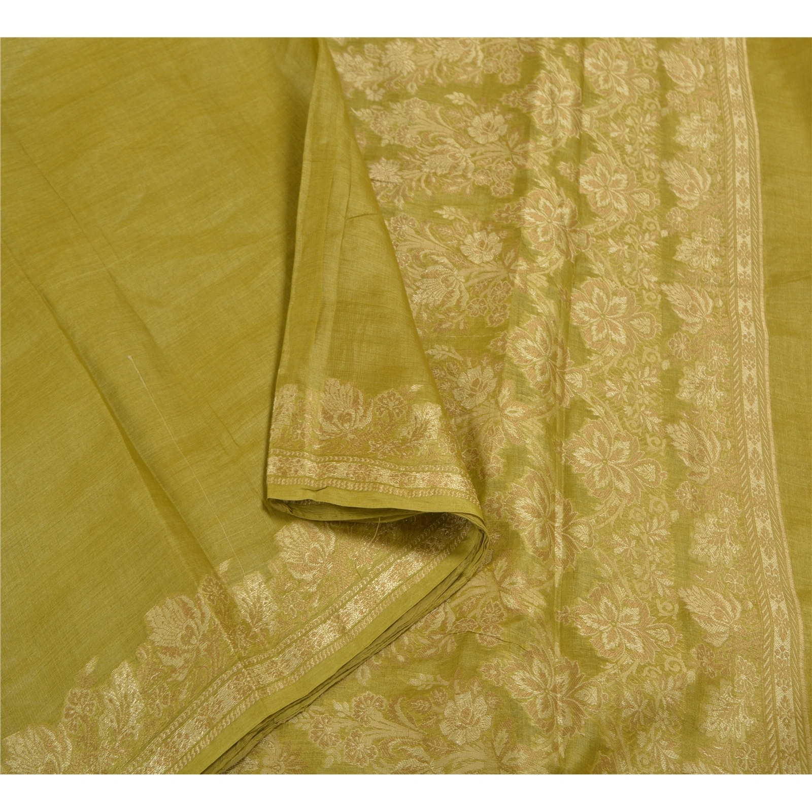 Sanskriti Vintage Green Indian Sarees 100% Pure Silk Woven Craft Sari Fabric, PS-58394-Green-Woven Work-100% Pure Silk-9