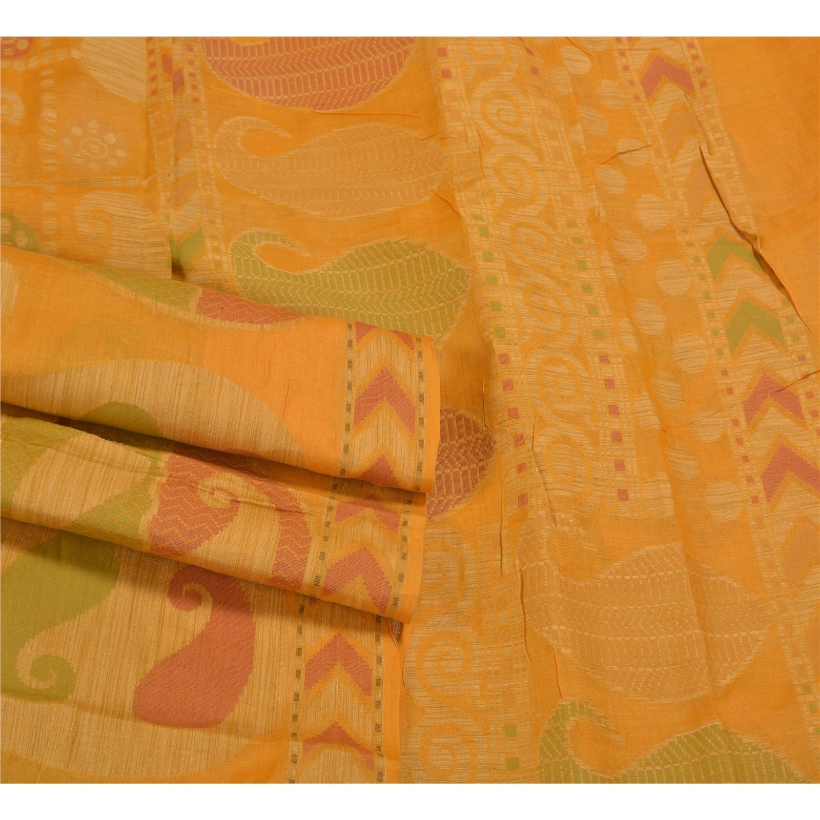 Sanskriti Vintage Saffron Indian Sarees Pure Silk Hand-Woven Craft Sari Fabric, PS-58403-Shade Of Saffron-Hand-Woven Work-100% Pure Silk-7