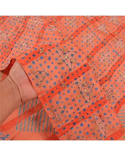 Sanskriti Vintage Peach Indian Sarees Pure Silk Hand Beaded Premium Sari Fabric, PS-58437-Shade Of Peach-Zardozi Work-100% Pure Silk-4