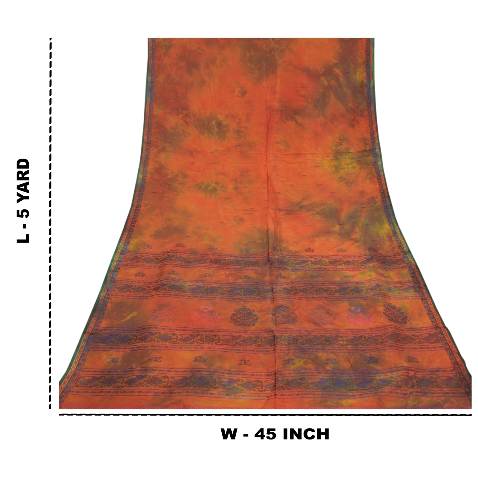 Sanskriti Vintage Orange Sarees Pure Silk Handwoven Tie-Dye Premium Sari Fabric, PS-58446-Orange &amp; Green-Hand-Woven Work-100% Pure Silk-1