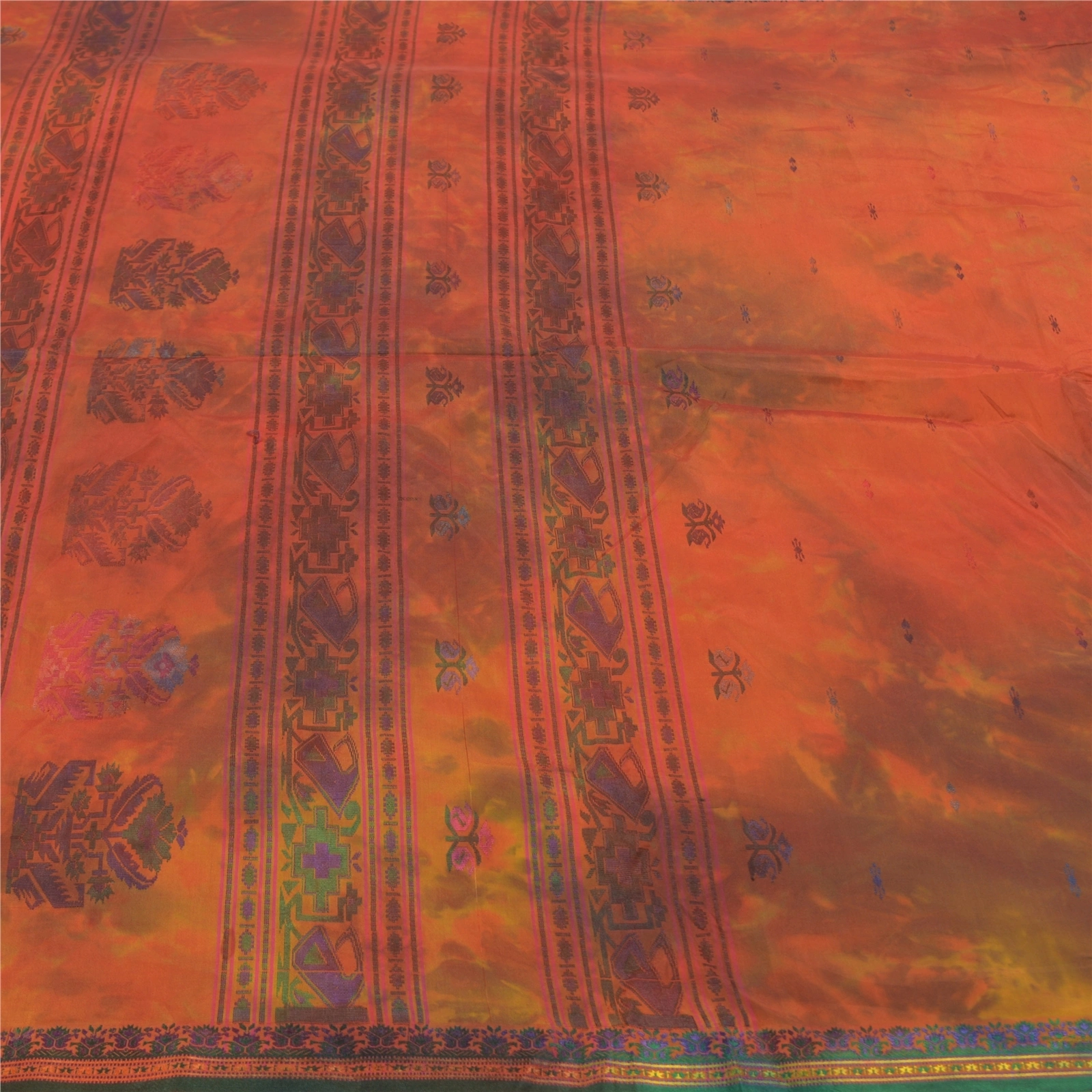 Sanskriti Vintage Orange Sarees Pure Silk Handwoven Tie-Dye Premium Sari Fabric, PS-58446-Orange &amp; Green-Hand-Woven Work-100% Pure Silk-3