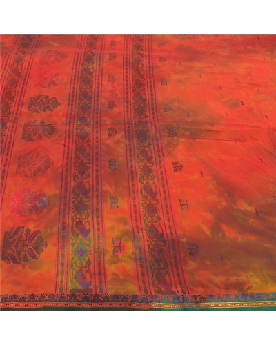 Sanskriti Vintage Orange Sarees Pure Silk Handwoven Tie-Dye Premium Sari Fabric, PS-58446-Orange &amp; Green-Hand-Woven Work-100% Pure Silk-3