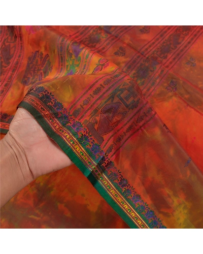 Sanskriti Vintage Orange Sarees Pure Silk Handwoven Tie-Dye Premium Sari Fabric, PS-58446-Orange &amp; Green-Hand-Woven Work-100% Pure Silk-4