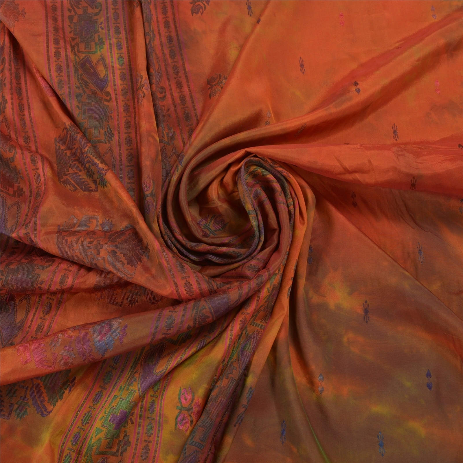 Sanskriti Vintage Orange Sarees Pure Silk Handwoven Tie-Dye Premium Sari Fabric, PS-58446-Orange &amp; Green-Hand-Woven Work-100% Pure Silk-6