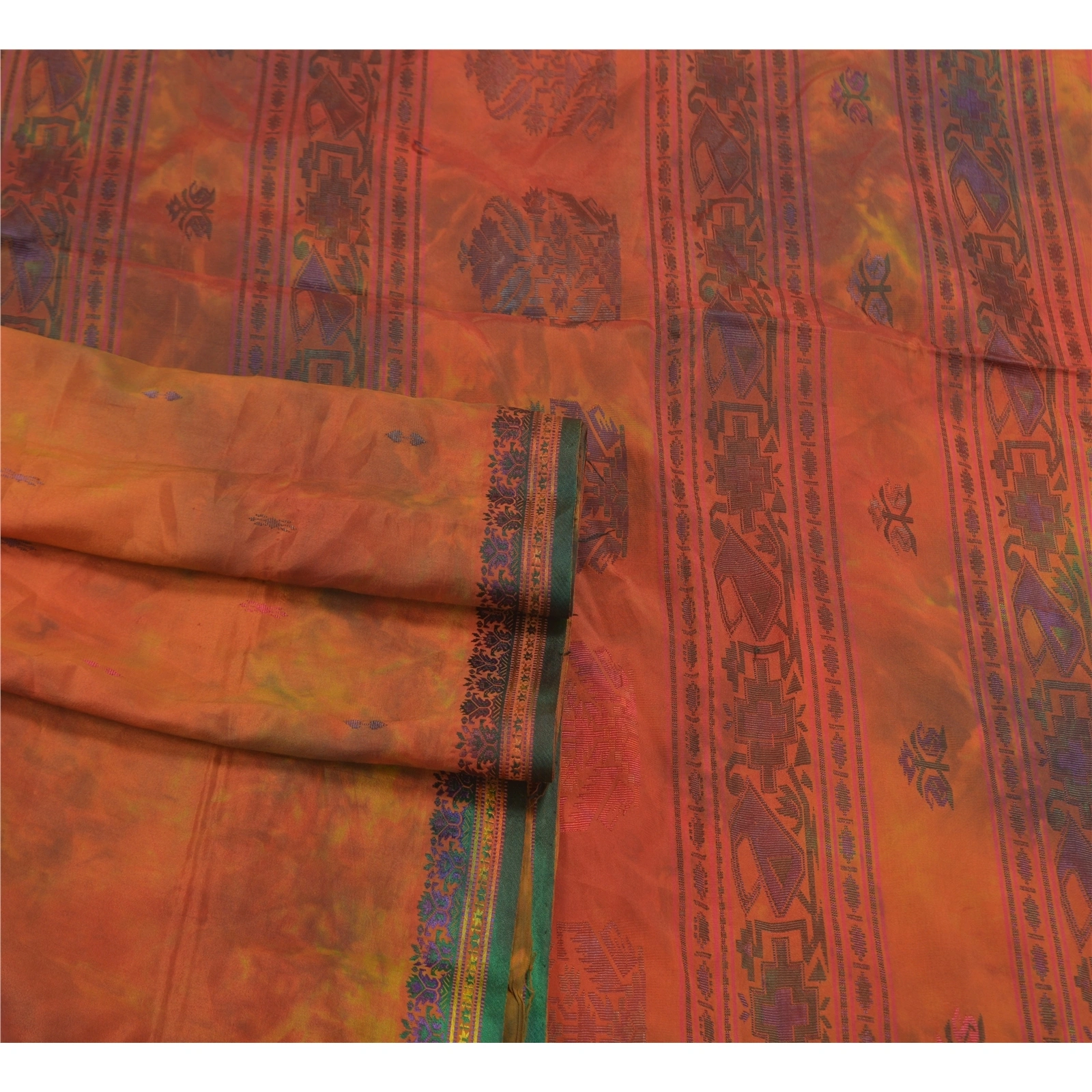 Sanskriti Vintage Orange Sarees Pure Silk Handwoven Tie-Dye Premium Sari Fabric, PS-58446-Orange &amp; Green-Hand-Woven Work-100% Pure Silk-7