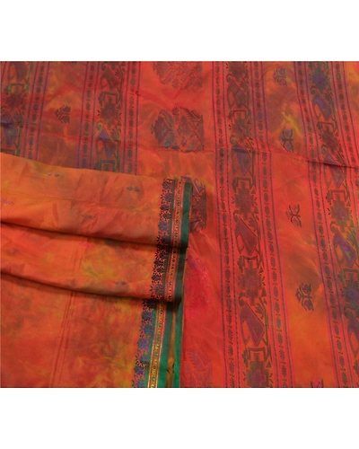 Sanskriti Vintage Orange Sarees Pure Silk Handwoven Tie-Dye Premium Sari Fabric, PS-58446-Orange &amp; Green-Hand-Woven Work-100% Pure Silk-7