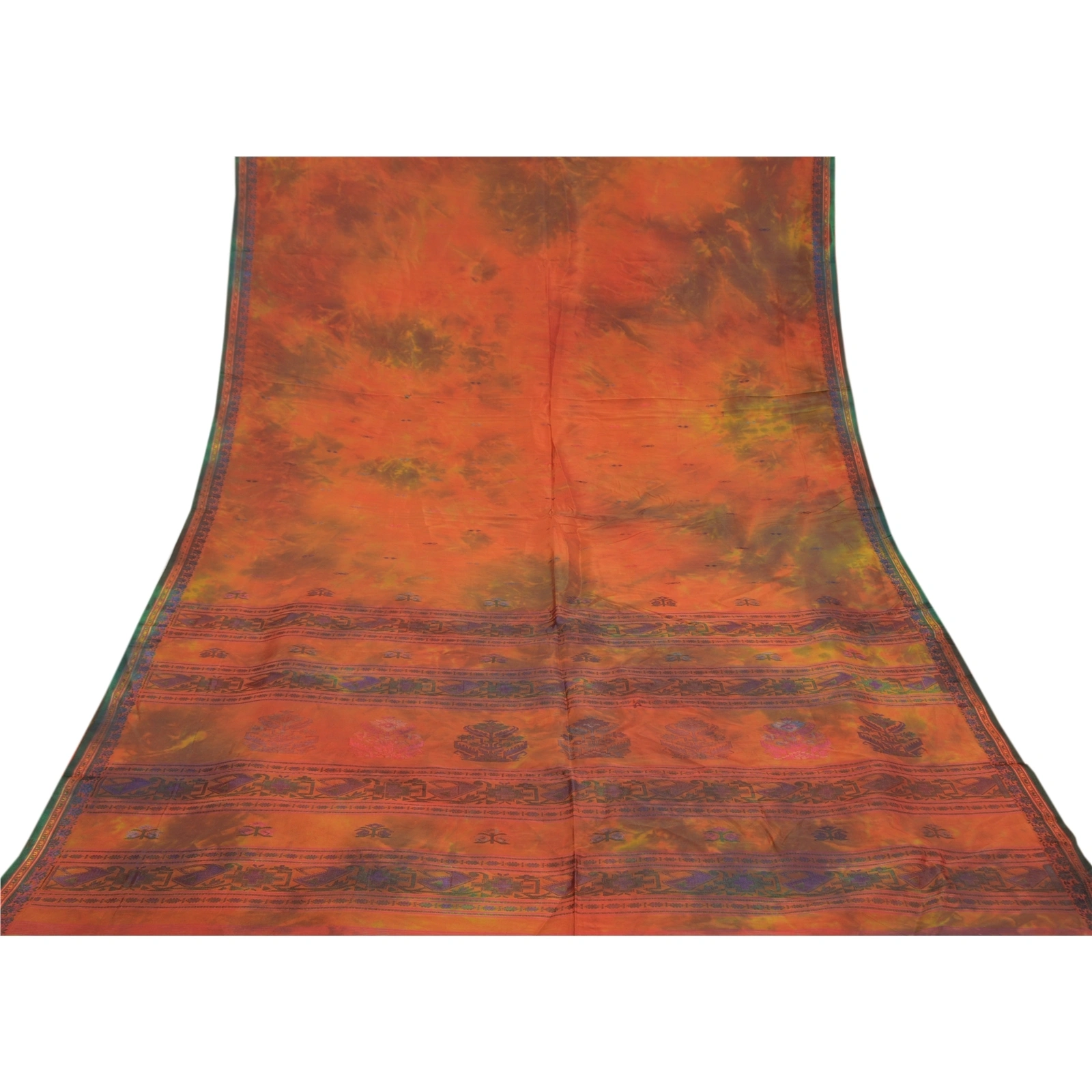 Sanskriti Vintage Orange Sarees Pure Silk Handwoven Tie-Dye Premium Sari Fabric, PS-58446-Orange &amp; Green-Hand-Woven Work-100% Pure Silk-8