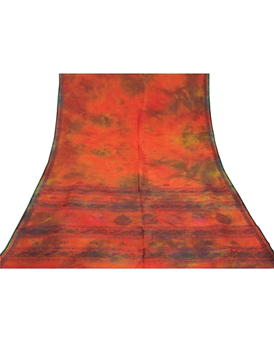 Sanskriti Vintage Orange Sarees Pure Silk Handwoven Tie-Dye Premium Sari Fabric, PS-58446-Orange &amp; Green-Hand-Woven Work-100% Pure Silk-8