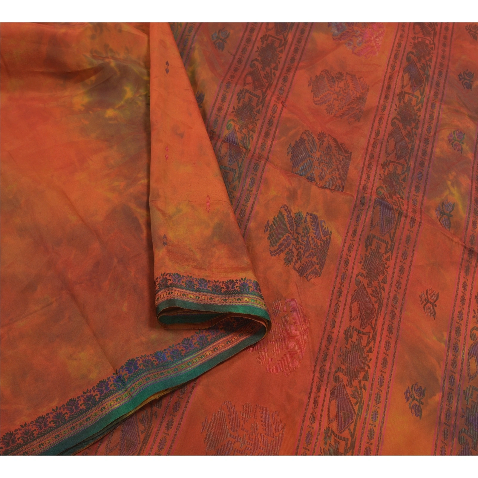 Sanskriti Vintage Orange Sarees Pure Silk Handwoven Tie-Dye Premium Sari Fabric, PS-58446-Orange &amp; Green-Hand-Woven Work-100% Pure Silk-9