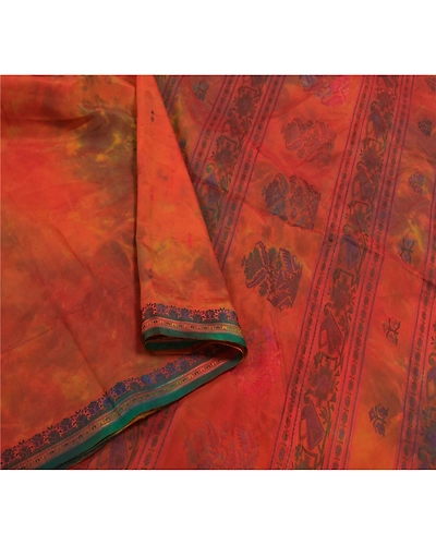 Sanskriti Vintage Orange Sarees Pure Silk Handwoven Tie-Dye Premium Sari Fabric, PS-58446-Orange &amp; Green-Hand-Woven Work-100% Pure Silk-9