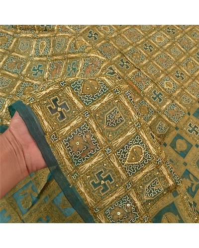 Sanskriti Vintage Green Sarees Pure Organza Silk Hand Beaded Woven Sari Fabric, PS-58468-Green-Woven Work-100% Pure Organza Silk-4